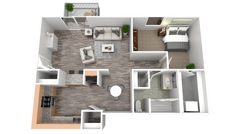 Floor plan for 1 bed, 1 bath, 696 sqft